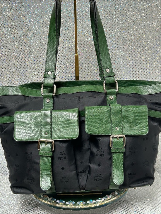 MCM Handbags - NUTS - MCM  Nylon Tote w/Green Leather Trim & Silver Plaque 14 x 10 x 5 w/COA